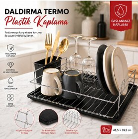 Resim En Çok Tercih Edilen Daldırma Termo Plastik Kaplama Bulaşıklık Paslanmaz & Kararma Yapmaz Ultra Geniş Kapasiteli Tabaklık Su Tutmayan Tepsi Siyah 