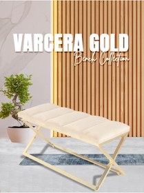 Resim Gazzini furniture Varcera Gold Sliced Bench Çapraz Metal Ayaklı Dilimli Model Krem Puf 