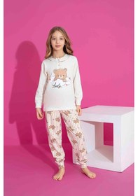 Resim Kız Çocuk Ayıcık Desenli Uzun Kollu Pijama Takımı-936 KREM 