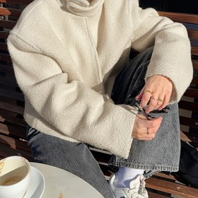 Resim Kadın Rahat Yüksek Yaka Hırka - Yumuşak Polar Astarlı Uzun Kollu Açık Ön Ceket, Bej Günlük Kışlık Dış Giyim Düğme Detaylı, Günlük Giyim İçin Mükemmel, Kışlık Hırka 