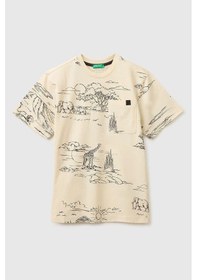 Resim United Colors Of Benetton Erkek Çocuk Logo Etiket Detaylı Tamamı Baskılı T-shirt Bej 6-14 Yaş-2801 