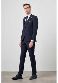Resim Morven Erkek Lacivert Yünlü Platinium Düz Desen Slim Fit Sivri Yaka Takım Elbise Lacivert 