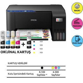 Resim Epson Ecotank L3250 Renkli Tanklı Yazıcı/Tarayıcı/Fotokopi ( Usb, Wifi, Wi-Fi Direct ) + Orijinal Epson 4 x 65 ml + 1 Mürekkep Epson