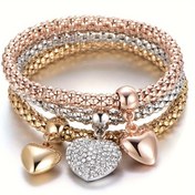 Resim Altın ve gümüş renkli gül altın mısır zincir bileziklerden oluşan 3'lü set, hayat ağacı kalp şeklinde elastik kombinasyon bileklik, Kadınlar için ziyafet takı hediyesi 