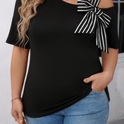 Resim Plus Beden Kadınlar için Siyah Asimetrik Tek Omuzlu Fiyonk Detaylı Tişört - Esnek Yazlık Üst, Şık Tatil Stili, Makinede Yıkanabilir, Rahat Kesim, Moda Tutkunları İçin Nefes Alabilen Bluz, Trendy Kıyafet 
