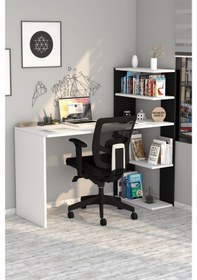 Resim Moonlife Çınar Kitaplıklı Çalışma Masası Beyaz Siyah Beyaz 