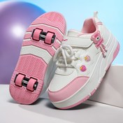 Resim 4 Tekerlekli Paten Ayakkabıları - Çıkartılabilir Teçhizatlı, Her Mevsim Kullanım iin Düşük Üstlü Sneakerlar Kalp Oymalar & Pembe Bağcaklarla, Yastklamal Trp İncelemesi ve Kapama Açık Hava Sporları ile Kaykay (Paten) üzere Dayankly Pu Skate aykkayrlar we Idea Dozul/Tatile hediye secmegi icun uygun beyaz pemb reng secimleri, ortaga dayangylik, çekme kolaysizligini teker ciktirmasi rahati kumaş astari pateni ayykyllary 