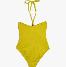 Resim Halter Yaka Mayokini Pencere Detaylı Boncuklu Büzgülü Kaplı 