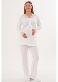 Resim Mecit Pijama Mecit 6332 Ekru Sabahlık Gecelik Pijama Hamile Lohusa Set 