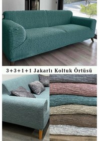 Resim StartMall Jakarlı Çubuk Desen Koltuk Örtüsü 3+3+1+1 Takımı Lastikli Esnek Yıkanabilir Çekyat Kanepe Kılıfı Mint Yeşil 