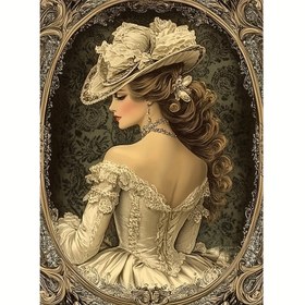 Resim 1 adet DIY 5D Elmas Boyama Kiti - Vintage Elbise Giyinmiş Şık Kadın, Tam Yuvarlak Matkap Akrilik Mozaik Sanat, Ev Dekoru ve Hediye, 40.01x30.0cm, İnsanların Teması, Yuvarlak Şekil, Oda Dekoru için Mükemmel 