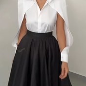 Resim Kadınların göğüs cepli, uzun kollu, düğmeli şık elbisesi - Düz Renk, Bölünmüş Etek, Rahat Şık Stil, Makine Yıkanabilir Polyester Tüm Mevsimler İçin 