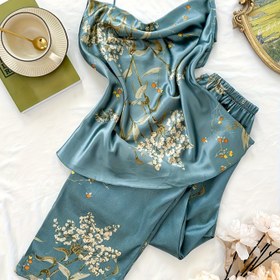 Resim 2 Parça Kadın Pijama Takımı, Kiraz Desenli Saten Gecelik, Spagetti Askılı, V Yaka, Rahat Ev Giysileri, Polyester, Günlük Stil, Yetişkinler İçin 