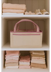 Resim Anne Bebek Kalın Keçe Bakım Çantası Yenidoğan Için Organizer Düzenleyici Çok Amaçlı Bej Pembe Overlok Detay 