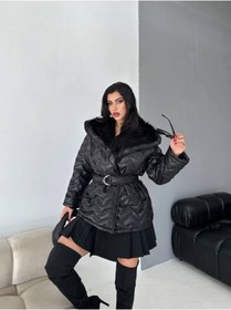 Resim buqre's moda Kemerli İçi Kürklü Şal Yaka Şişme Kapitone Mont 