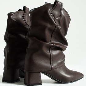 Resim Kai Western Tarzı Büzgülü Detaylı Topuklu Çizme Bot Acıkahve 