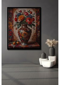 Resim Görkemli Vazo Çiçek Buketi Yağlı Boya Görünümlü Ahşap Ev,antre,ofis,mutfak Tablo Çerçeve Görünümlü-5-644 - 90 X 60 