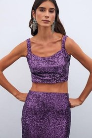 Resim Sateen Payetli Crop Bluz, STN139KBL2094 