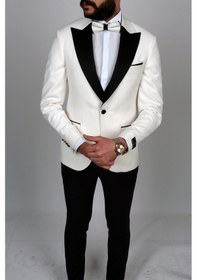Resim Jan Carlucci Slimfit Sivri Yaka Damatlık Takım Ceket - Yelek - Pantolon - Gömlek - Papyon Beyaz 
