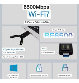 Resim Fenvi Wifi-7 3 Bant 6G+5G+2.5G 6500Mbps. Usb 3.0 Yüksek Hızlı Wifi Adaptör Ce Lisanslı Sertifikalı Yeni Nesil Son Teknoloji Orjinal 