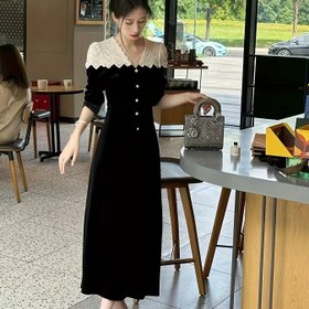 Resim Bahar için şık renk bloğu elbise, düğme süslemeli yırtmaçlı V yaka elbise, kadın giyim 