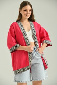 Resim VOLT CLOTHİNG Kadın Kısa Kol Nakış Işlemeli Keten Kimono 