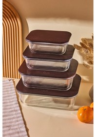 Resim Locky Wood 4'lü Dikdörtgen Cam Saklama Kabı Seti Kahverengı Bambu 