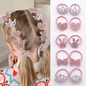 Resim 10 adet sevimli pembe taç kalp tavşan saç lastikleri kızlar için 