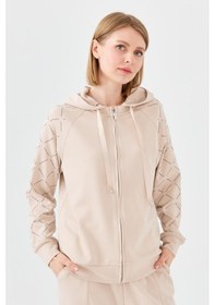 Resim Desen Triko Kadın Triko Taş Baskılı Kapüşonlu Yazlık Sweatshirt Bej Bej 
