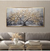 Resim Yağlı Boya Dokulu Tablo Tekli Soyut Ağaç Altın Çerçeveli U01005-178845 
