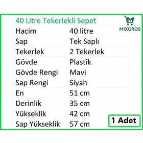 Resim Tekerlekli Plastik Market Alışveriş El Sepeti 40 Litre Mavi 1 Adet 