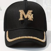 Resim Metalik "M" baş harfi, taş detaylarıyla kadın modası yama baseball şapkası, ayarlanabilir snapback şapka, geniş kenarlı güneş şapkaları 