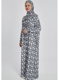 Resim Manolyaşal İslamic Hijab Pratik Tek Parça Manolya Desenli Namaz Elbisesi Füme 