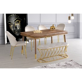 Resim Viento Mobilya Roma Kitabeli Empoli Desenli Ahşap Ayak Masa Takımı 4 Adet Gold Dolce Sandalye 1 Adet Bench 