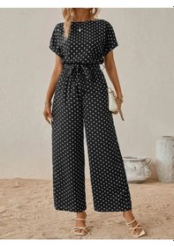 Resim Soonaksesuar Kadın Kısa Kollu Kayık Yaka Belden Kuşaklı Örme Krep Tulum Siyah 