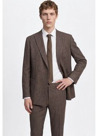 Resim Altınyıldız Collectıon Erkek Kahverengı Yünlü Slim Fit Dar Kesim Kırlangıç Yaka Çizgili Torba Cepli Kruvaze Takım Elbise Kahverengi 
