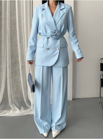 Resim buqre's moda Kadın İkili Blazer Ceket Pantolon Takım Aksesuar Gül ve Düğme Detaylı Bol Paça 