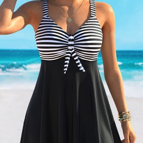 Resim Kadınlar için Şık Çizgili Tankini Takımı - Yüksek Esneklik, Şeffaf Olmayan Polyester & Elastan Karışımı, Makinede Yıkanabilir 