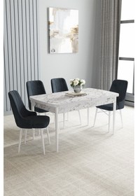 Resim Jusie Beyaz Mermer Desen 80x132 Açılabilir Yemek Odası Takımı 4 Adet Sandalye Antrasit 