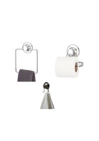 Resim Hem Vakumlu Hem Vidalı Banyo Aksesuarı 3 Lü Set Kare Havluluk + Tuvalet Kağıtlığı + 2 Kancalı Havlu Askısı Krom 