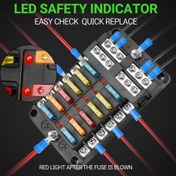 Resim LED Gösterge Işıklı 6 Yollu Sigorta Kutusu - Kolay Kontrol ve Hızlı Değiştirme, 12V Otomotiv & Denizcilik Sınıfı, 5A/10A/15A/20A Sigortalar, ABS Gövde, Nikel Kaplama Bakır Terminaller 