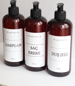 Resim MUSTARD 3lü Banyo Seti Şampuan Duş Jeli Ve Saç Kremi Etiketli Plastik Amber Şişe 500 ml 