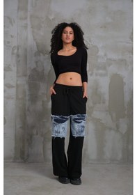 Resim 023 Kadın Cepli Bol Paça Penye Kot Denim Pantolon Beyaz 
