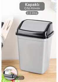 Resim Kapaklı Plastik Çöp Kovası - Ev Ofis Banyo Mutfak Tezgah Üstü Çöp Kovası Gri 2,5 Litre Gri 
