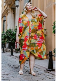 Resim Sarı Desenli Kayık Yaka Büyük Beden Elbise Desenli 