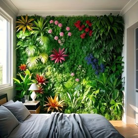 Resim Dört Büyük Panel (Toplam 11.3 Kare Metre) Yüksek Kaliteli Yapay Bitki Duvar Sanatı ile, Gerçekçi Agave, Persiye Yaprakları, Palm Bölgeleri ve Çeşitli Çiçekler ile Canlı Yaprak ve Çiçek Dokuları - İç/Dış Mekan Çim, Ev Duvar Dekoru için Uygun, Uv-Diri Dayanıklı Plastikten Yapılmış, Bakım Gerektirmeyen Sahte Bitkiler, Evler, Ofisler ve Ticari Alanlar için Yıllık Dekorasyon için İdeal, Dış Mekan Simüle Yeşillik ve 