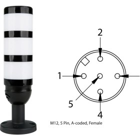 Resim Mesan ms 52331M12.1.3.2.12/24/220V Ø50 3 Kat Modüler Işıklı Kolon LED Multifonksiyon Buzzer Tüp Ayak M12 Konektörlü 