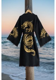 Resim Varol Organik %100 Pamuk Kimono Yaka Sabalık Bornoz Plaj Elbisesi - Viserion - Sarı - S/m Sarı/s/m Siyah - Kırmızı 