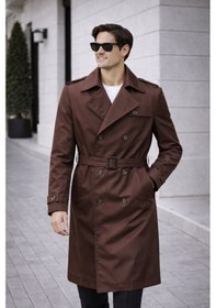 Resim Erkek Modern Kalıp Trençkot - Kemerli, Çift Düğmeli, Zamansız Tasarım Kahverengi Bndk 