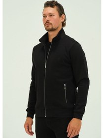 Resim Fermuarlı İçi Astarlı Regular Fit Erkek Dik Yaka Selanik Hırka Siyah 